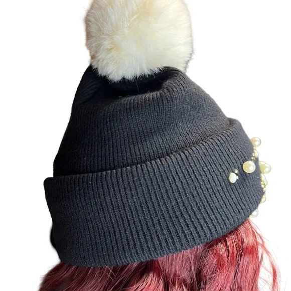 Karl Lagerfeld NWT Black Knit Ribbed Jeweled Karl Signature Pom Pom Winter Hat - Picture 9 of 9